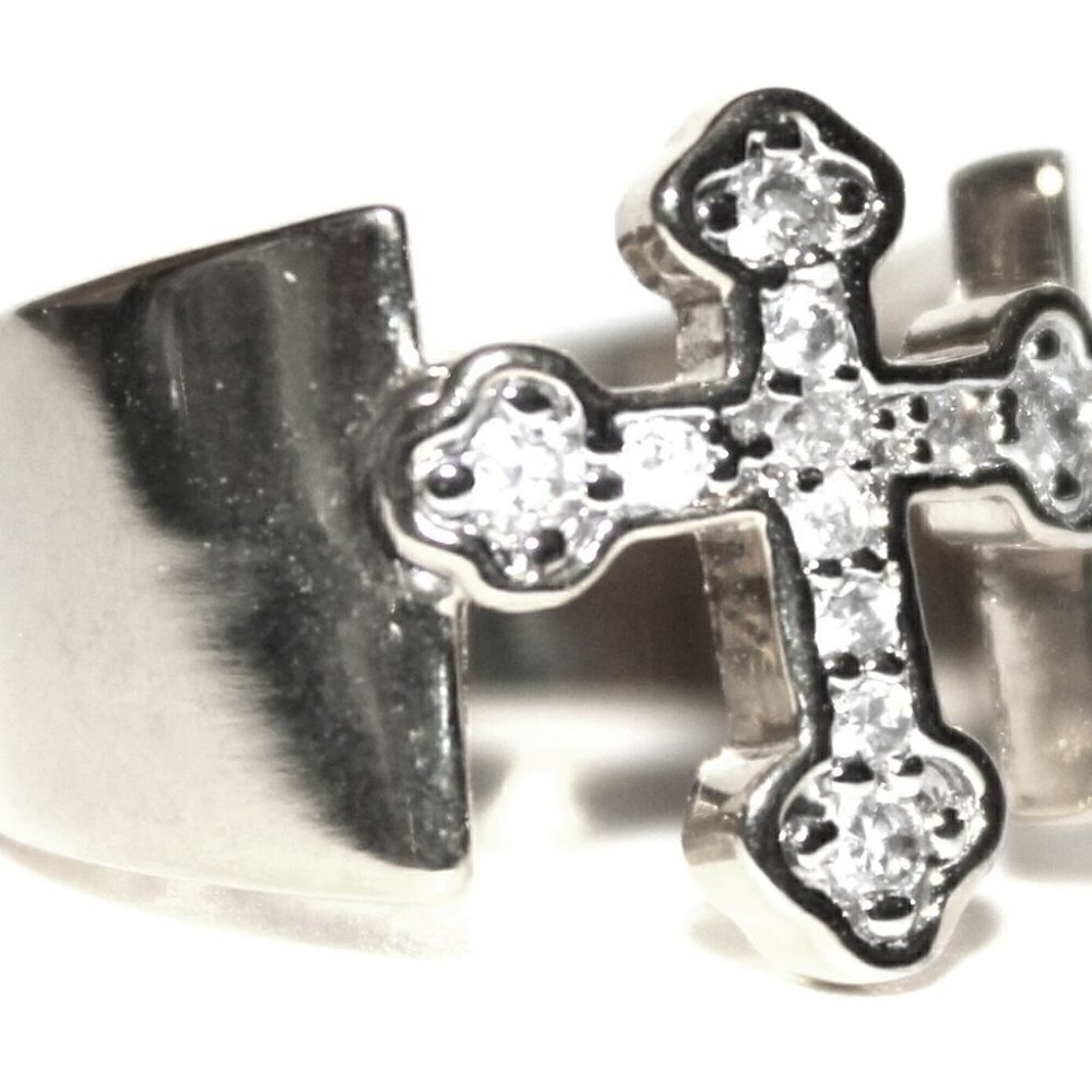 Divine Christian Open Band Cz Clear Cross Silver Brass Ring - Picture 7 of 9